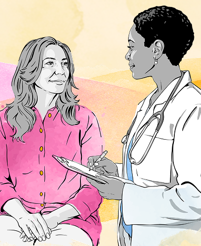 A woman speaking to a doctor holding a clipboard