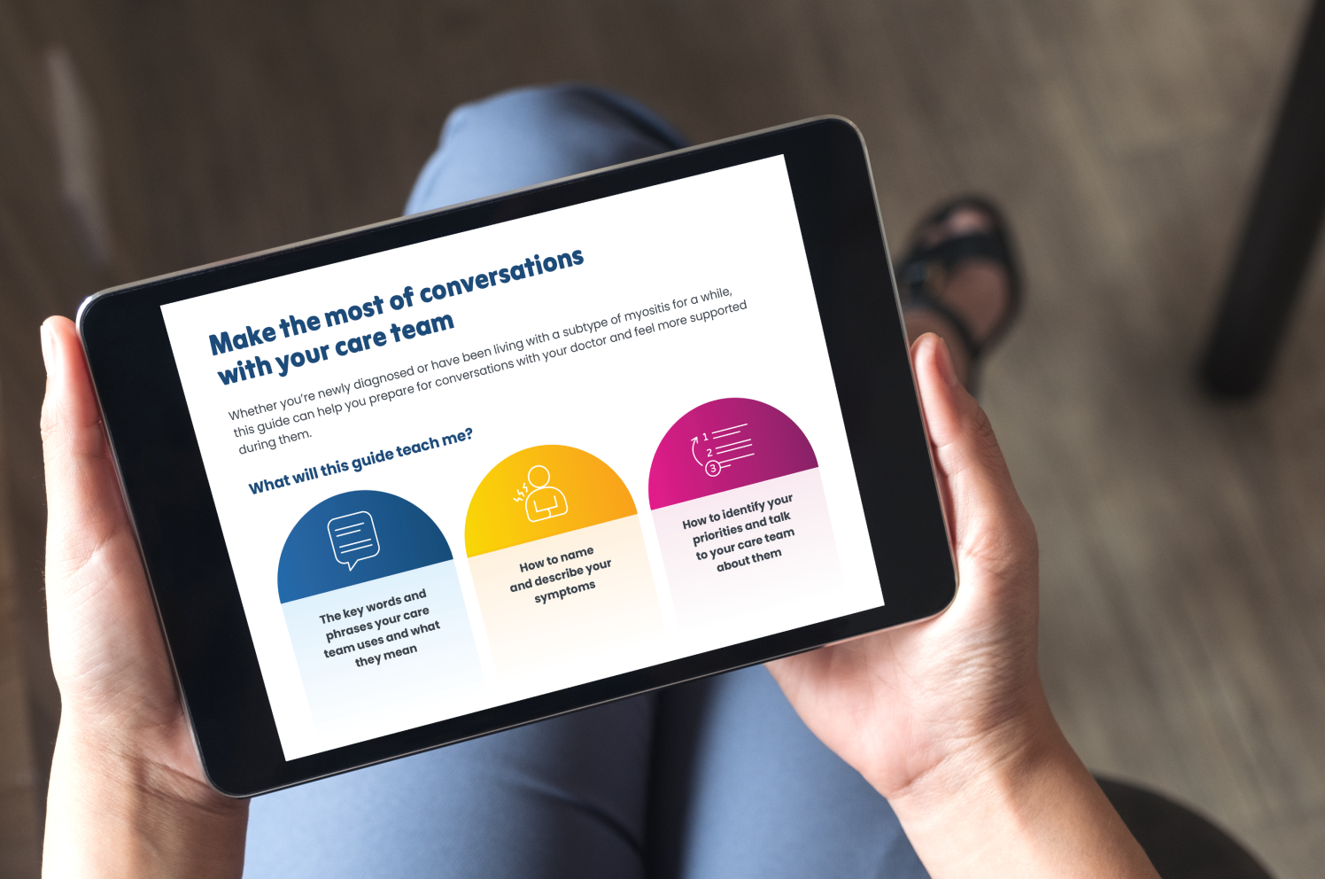 Two hands holding a tablet with doctor discussion guide on screen