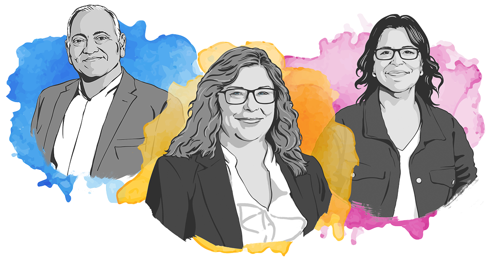 Three watercolor portraits of people with myositis