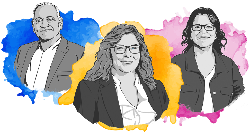 Three watercolor portraits of people with myositis