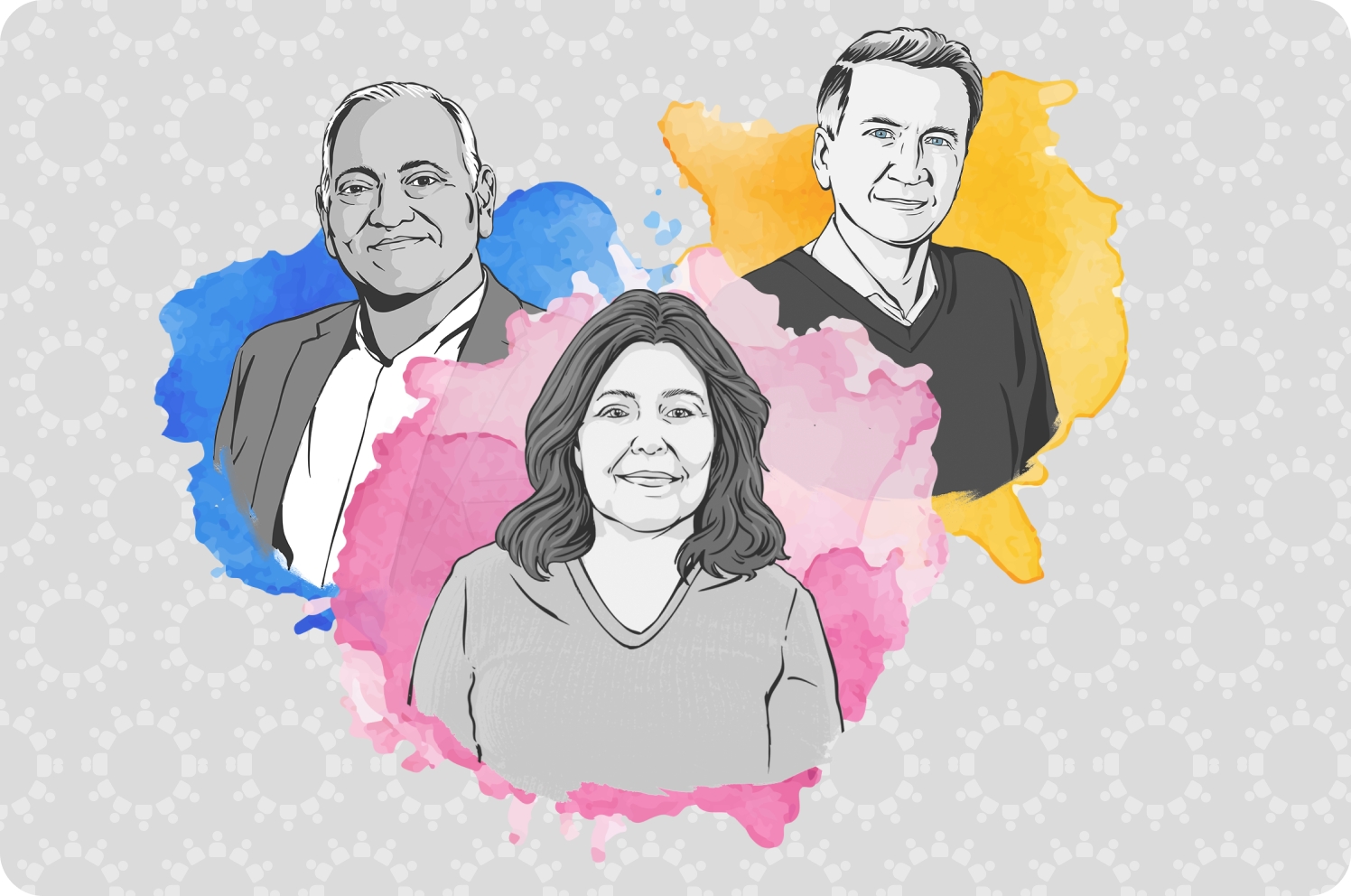 Three watercolor portraits of people with myositis
