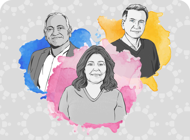 Three watercolor portraits of people with myositis