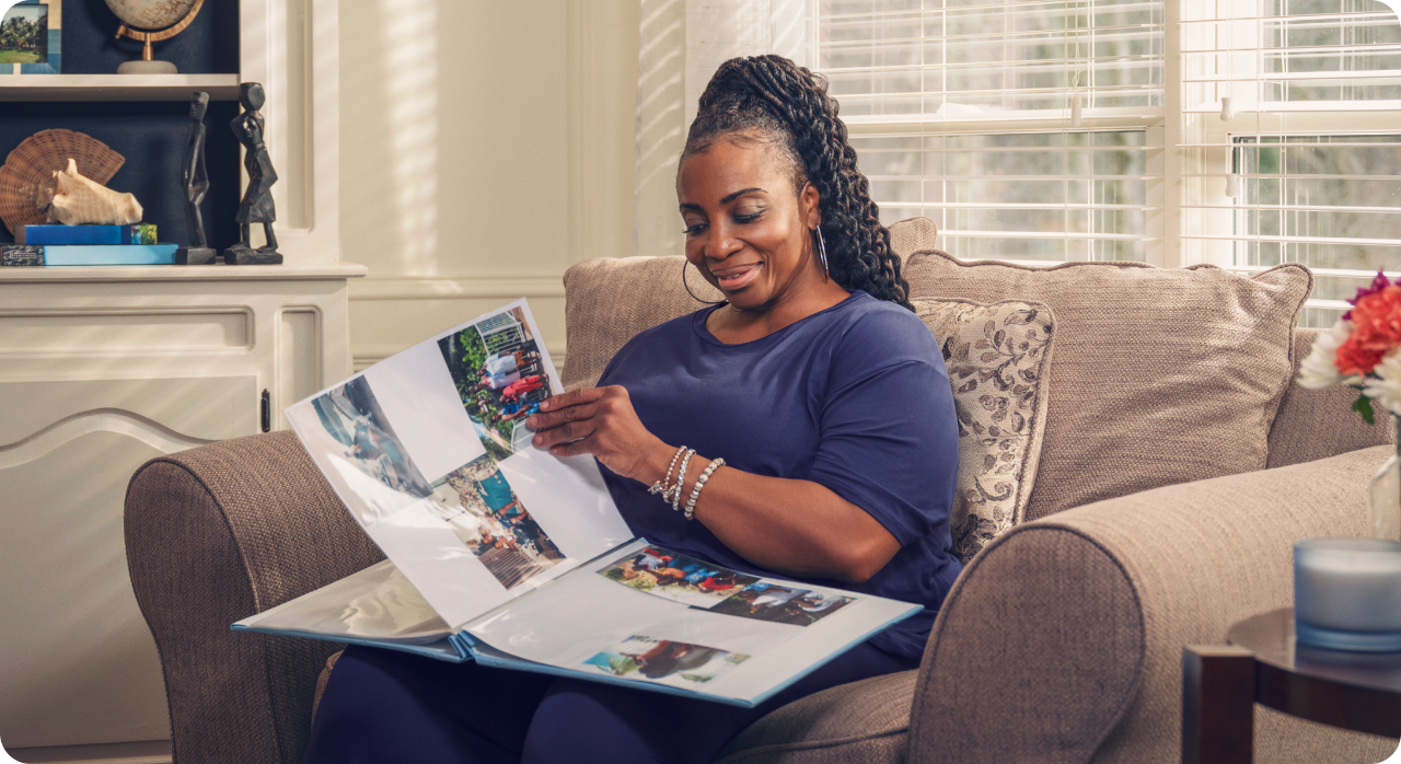 Sandy at home, surrounded by her travel mementos